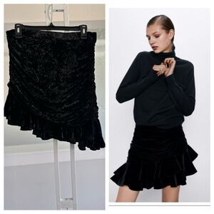 Zara black velvet ruched asymmetrical ruffle hem mini skirt